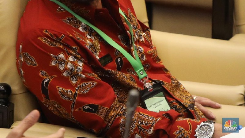 Menteri Pertanian (Mentan) Syahrul Yasin Limpo menghadiri rapat kerja bersama Komisi IV DPR RI, Selasa (7/7) dengan menggunakan kalung antivirus corona. (CNBC Indonesia/ Muhammad Sabki)