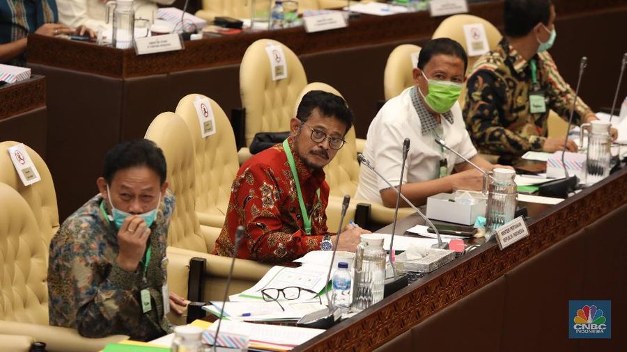 Menteri Pertanian (Mentan) Syahrul Yasin Limpo menghadiri rapat kerja bersama Komisi IV DPR RI, Selasa (7/7) dengan menggunakan kalung antivirus corona. (CNBC Indonesia/ Muhammad Sabki)