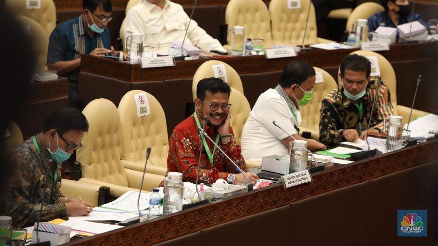 Menteri Pertanian (Mentan) Syahrul Yasin Limpo menghadiri rapat kerja bersama Komisi IV DPR RI, Selasa (7/7) dengan menggunakan kalung antivirus corona. (CNBC Indonesia/ Muhammad Sabki)