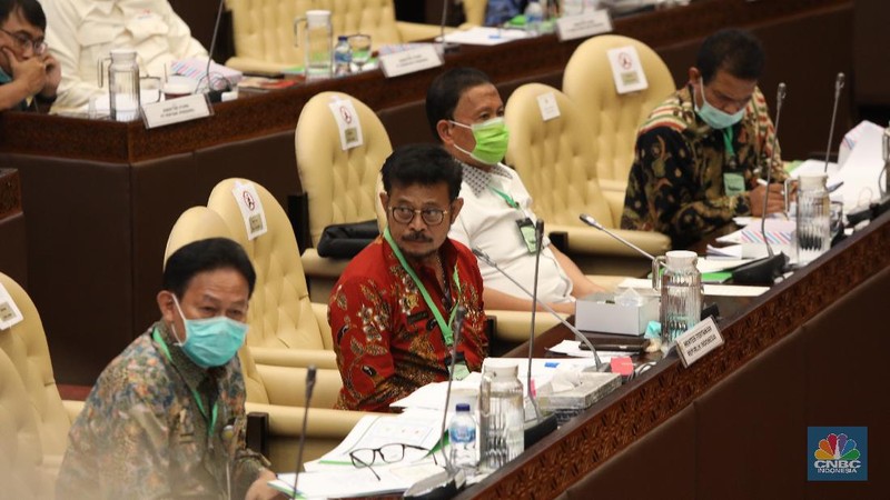 Menteri Pertanian (Mentan) Syahrul Yasin Limpo menghadiri rapat kerja bersama Komisi IV DPR RI, Selasa (7/7) dengan menggunakan kalung antivirus corona. (CNBC Indonesia/ Muhammad Sabki)