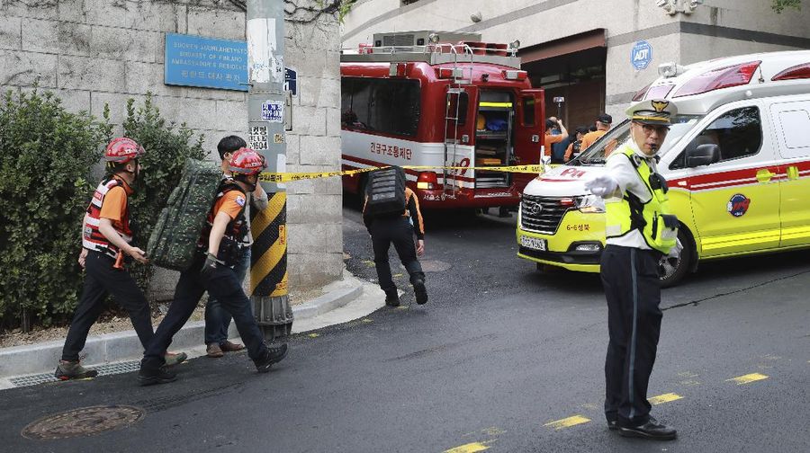 Rescuers arrive to search for missing Seoul Mayor Park Won-soon in Seoul, South Korea, Thursday, July 9, 2020. Police say Park has been reported missing and search operations are underway. (Lee Young-hwan/Newsis via AP)
