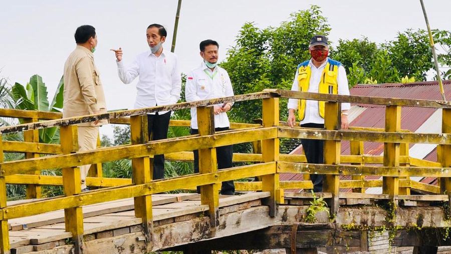 Presiden Joko Widodo beserta rombongan meninjau pembangunan peningkatan jaringan reklamasi rawa di Tahai Baru, Kabupaten Pulang Pisau, Kamis (9/7/2020). (Biro Pers Sekretariat Presiden/Laily Rachev)