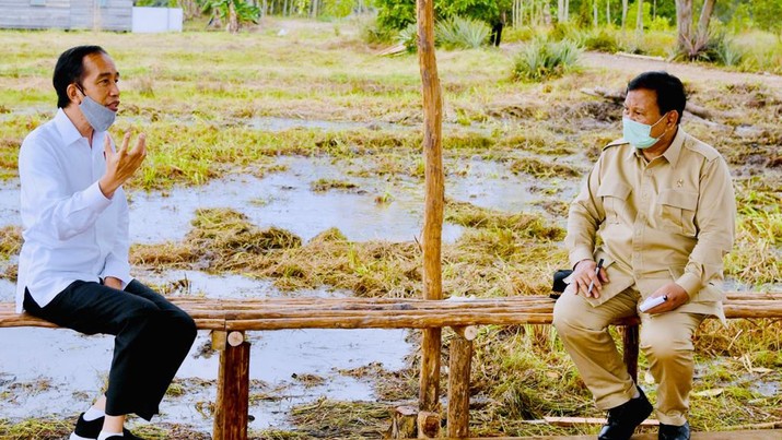 Presiden Joko Widodo dan Menteri Pertahanan Prabowo Subianto meninjau lokasi pengembangan food estate atau lumbung pangan nasional dalam kunjungan kerja ke Provinsi Kalimantan Tengah pada Kamis (9/7/20220). (Biro Pers Sekretariat Presiden/ Laily Rachev) Presiden Joko Widodo dan Menteri Pertahanan Prabowo Subianto meninjau lokasi pengembangan food estate atau lumbung pangan nasional dalam kunjungan kerja ke Provinsi Kalimantan Tengah pada Kamis (9/7/20220). (Biro Pers Sekretariat Presiden/ Laily Rachev)