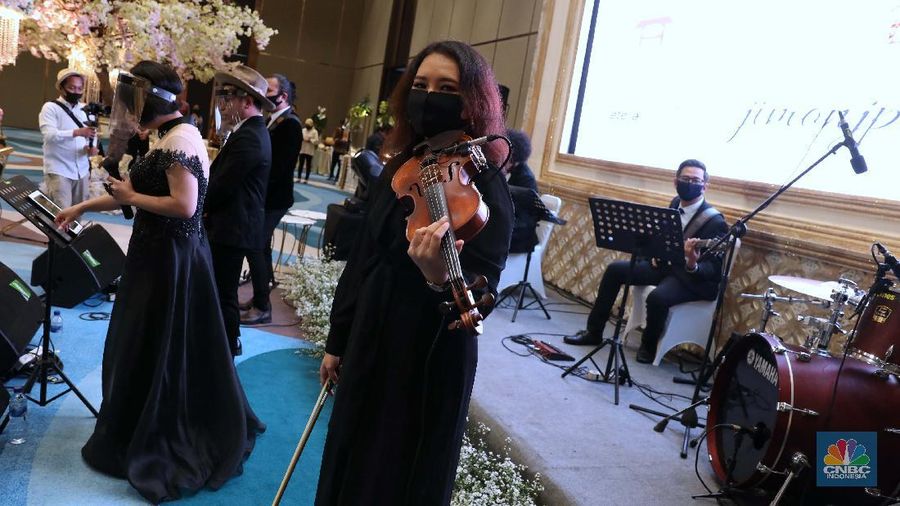 Simulasi resepsi pernikahan di masa normal baru di Jakarta, Kamis (9/7/2020). (CNBC Indonesia/ Muhammad Sabki)