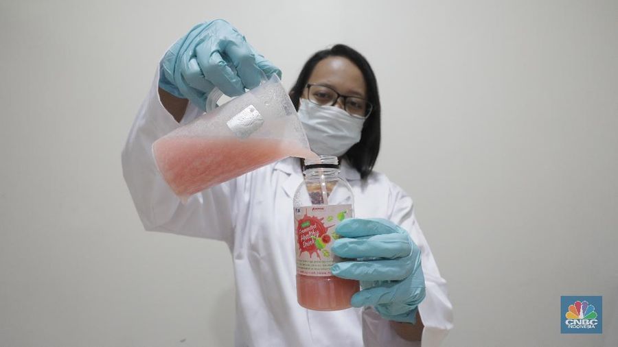 Lembaga Ilmu Pengetahuan Indonesia (LIPI) Puspitek, Tangerang Selatan, Banten terus berinovasi mengembangkan produk yang bermanfaat untuk menghadapi pandemi Covid-19 di Indonesia. Di antaranya, dengan memproduksi suplemen untuk daya tahan tubuh. Jumat (10/7/20). CNBC Indonesia/Tri Susilo Peneliti Pusat Penelitian Kimia LIPI Yati Maryati menyatakan, pihaknya mengembangkan riset buah jambu biji merah menjadi minuman suplemen yang dapat meningkatkan imunitas tubuh. Teknik pengolahannya dilakukan dengan fermentasi.