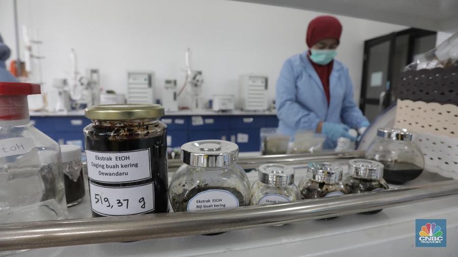 Uji Lab Kandidat Obat Herbal untuk Covid-19 di Lab Cara Pembuatan Obat Tradisonal Baik (CPOTB) Pusat Penelitian Kimia LIPI. (CNBC Indonesia/Tri Susilo)