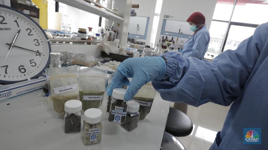 Uji Lab Kandidat Obat Herbal untuk Covid-19 di Lab Cara Pembuatan Obat Tradisonal Baik (CPOTB) Pusat Penelitian Kimia LIPI. (CNBC Indonesia/Tri Susilo)