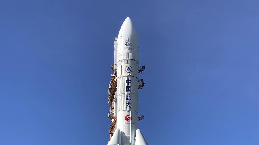 In this photo released by China's Xinhua News Agency, a Long March-5 rocket is seen at the Wenchang Space Launch Center in south China's Hainan Province, Friday, July 17, 2020. China has moved a rocket into position to launch a rover to Mars in one of three upcoming missions to the red planet, one from the U.S. and another by the United Arab Emirates. (Zhang Gaoxiang/Xinhua via AP)