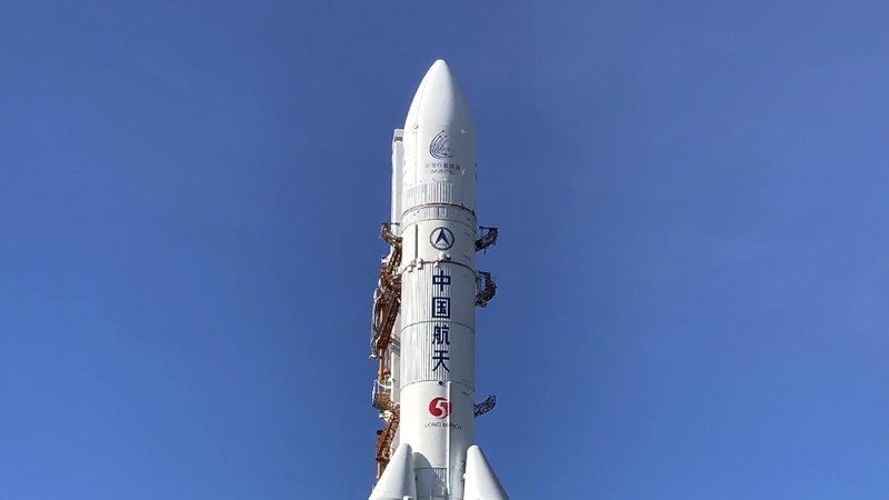 In this photo released by China's Xinhua News Agency, a Long March-5 rocket is seen at the Wenchang Space Launch Center in south China's Hainan Province, Friday, July 17, 2020. China has moved a rocket into position to launch a rover to Mars in one of three upcoming missions to the red planet, one from the U.S. and another by the United Arab Emirates. (Zhang Gaoxiang/Xinhua via AP)