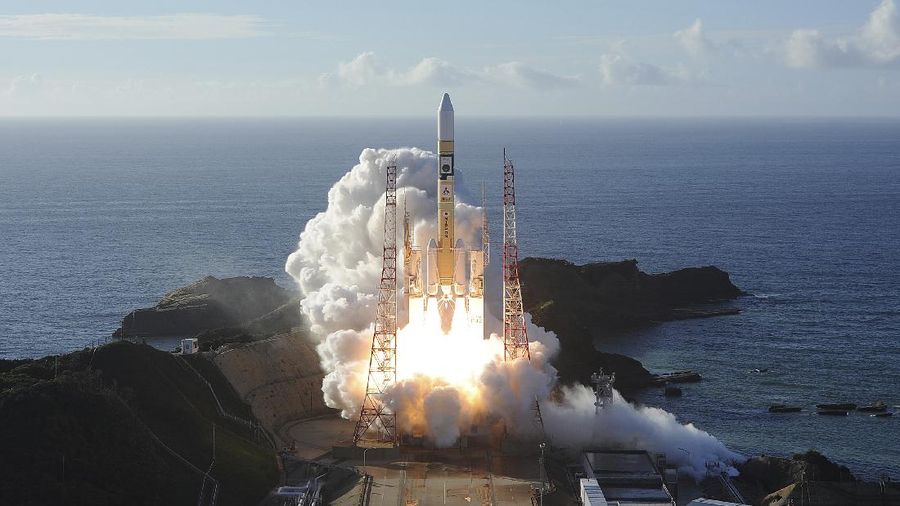 In this photo released by MHI, an H-IIA rocket with United Arab Emirates' Mars orbiter Hope lifts off from Tanegashima Space Center in Kagoshima, southern Japan Monday, July 20, 2020. A United Arab Emirates spacecraft rocketed away Monday on a seven-month journey to Mars, kicking off the Arab world’s first interplanetary mission. (MHI via AP)