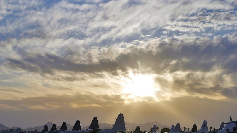 Lockheed C-5 Galaxy cargo jets are stored, as shown with this fisheye lens photograph, at the 309th Aerospace Maintenance and Regeneration Group boneyard Thursday, May 14, 2015 at Davis-Monthan Air Force Base in Tucson, Ariz. The C-5A Galaxy the largest aircraft in the U.S. armed services. (File Photo/AP Photo/Matt York)