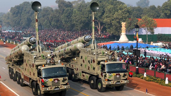 The BrahMos missile launchers are displayed during a dress rehearsal for the annual Republic Day parade in New Delhi, India, Wednesday, Jan. 23, 2013. India celebrates Republic Day annually on Jan. 26. (AP Photo /Manish Swarup)