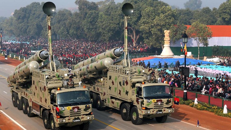 India's supersonic Brahmos cruise missiles pass during a full dress rehearsal of a Republic Day parade in New Delhi, India, Thursday, Jan. 23, 2003. The Brahmos missile will be displayed for the first time on the 55th Indian Republic Day on Jan. 26. The missile is being developed jointly by Russian and Indian scientists. Brahmos missile can hit underwater and overland targets located between 100 to 300 kilometers (60 to 180 miles) away and is expected to be inducted into the Indian Navy by 2004. (AP Photo/Ajit Kumar)