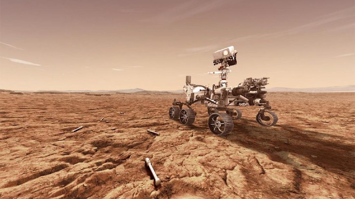 Robot buatan Maxar akan memanipulasi, menilai, merangkum, menyimpan, dan melepaskan sampel tanah dan batuan Mars yang dikumpulkan. (NASA JPL-Caltech) As Perseverance explores, the Maxar-built robotic arm will manipulate, assess, encapsulate, store and release collected Martian soil and rock samples. Image: NASA JPL-Caltech