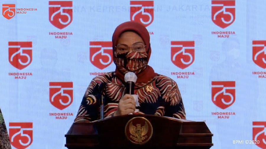 Menaker Ida Fauziah Saat Konferensi Pers Pengumuman Program Bantuan Subsidi Upah, 10 Agustus 2020. (BPMI)