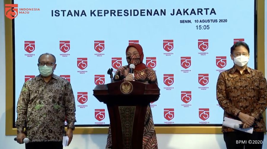 Menaker Ida Fauziah Saat Konferensi Pers Pengumuman Program Bantuan Subsidi Upah, 10 Agustus 2020. (BPMI)
