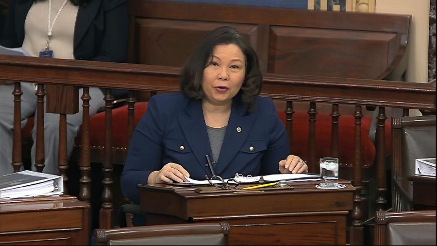 In this image from video, Sen. Tammy Duckworth, D-Ill., speaks on the Senate floor about the impeachment trial against President Donald Trump at the U.S. Capitol in Washington, Wednesday, Feb. 5, 2020. The Senate will vote on the Articles of Impeachment on Wednesday afternoon, Feb. 5. (Senate Television via AP)