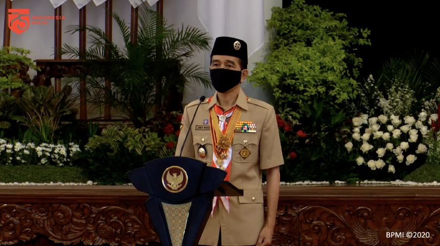 Jokowi Hadiri Upacara Peringatan Hari Pramuka Ke-59 Tahun 2020, Istana Negara, 12 Agustus 2020. (Tangkapan Layar Youtube Sekretariat Presiden)