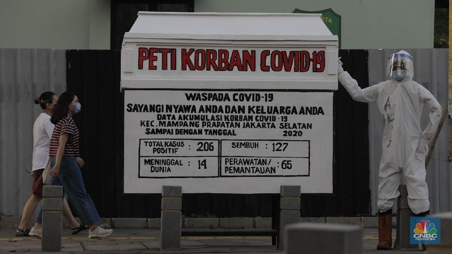 Replika peti mati jenazah pasien virus Corona (COVID-19) di Kemang Jakarta Selatan (CNBC Indonesia/ Muhammad Sabki)