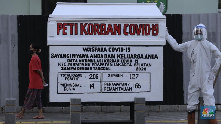 Replika peti mati jenazah pasien virus Corona (COVID-19)  di Kemang Jakarta Selatan (CNBC Indonesia/ Muhammad Sabki)