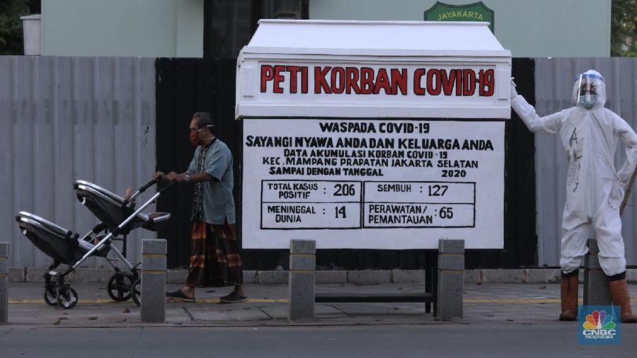 Replika peti mati jenazah pasien virus Corona (COVID-19)  di Kemang Jakarta Selatan (CNBC Indonesia/ Muhammad Sabki)