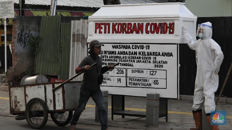 Replika peti mati jenazah pasien virus Corona (COVID-19)  di Kemang Jakarta Selatan (CNBC Indonesia/ Muhammad Sabki)