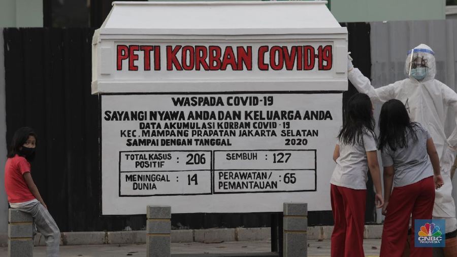 Replika peti mati jenazah pasien virus Corona (COVID-19) di Kemang Jakarta Selatan (CNBC Indonesia/ Muhammad Sabki)