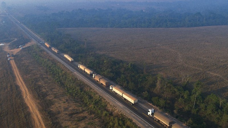 Kayapo Indigenous block highway BR-163y near Novo Progresso, Para state, Brazil, Monday, Aug. 17, 2020. Protesters blocked the road to pressure Brazilian President Jair Bolsonaro to better shield them from COVID-19, to extend damages payments for road construction near their land, and to consult them on a proposed railway to transport soybeans and corn. (AP Photo/Andre Penner)