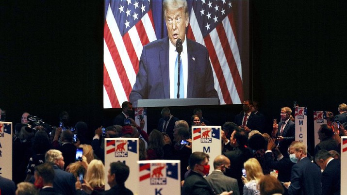 Presiden Donald Trump pada hari pertama Konvensi Partai Republik di Charlotte, North Carolina, 24 August 2020. AP/Travis Dove Presiden Donald Trump pada hari pertama Konvensi Partai Republik di Charlotte, North Carolina, 24 August 2020. AP/Travis Dove