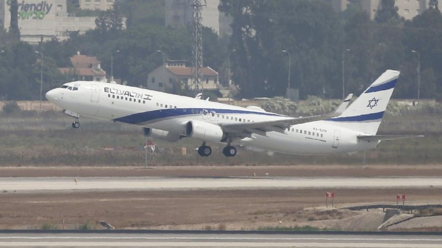 Israeli flag carrier El Al's airliner which is carrying Israeli and U.S. delegations to Abu Dhabi for talks meant to put final touches on the normalization deal between the United Arab Emirates and Israel, takes off at Ben Gurion Airport, near Tel Aviv, Israel Monday, Aug. 31, 2020. (AP Photo/Ariel Schalit)