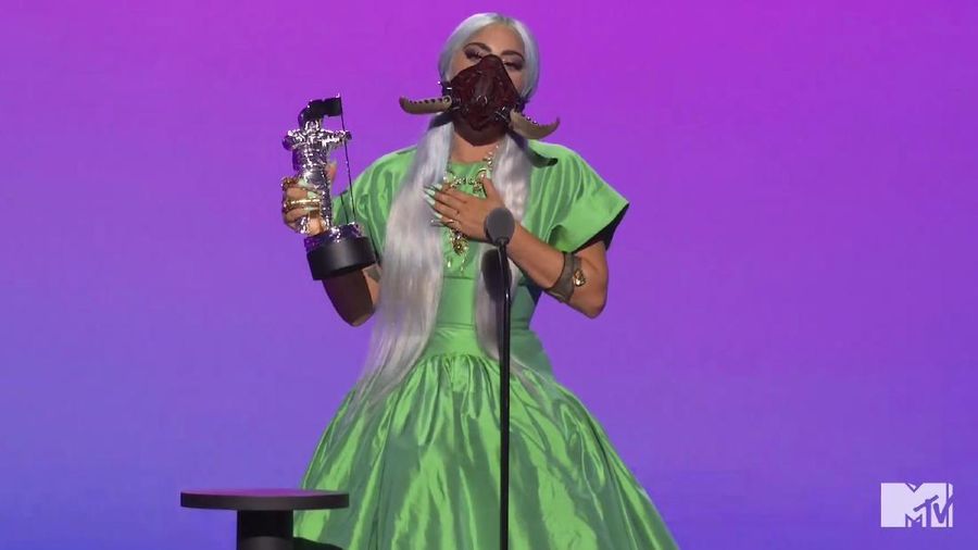 In this video grab issued Sunday, Aug. 30, 2020, by MTV, Lady Gaga accepts the award for artist of the year during the MTV Video Music Awards. (MTV via AP)
