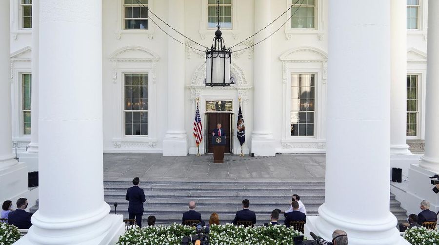 President Donald Trump speaks during a news conference on the North Portico of the White House, Monday, Sept. 7, 2020, in Washington. (AP Photo/Patrick Semansky)