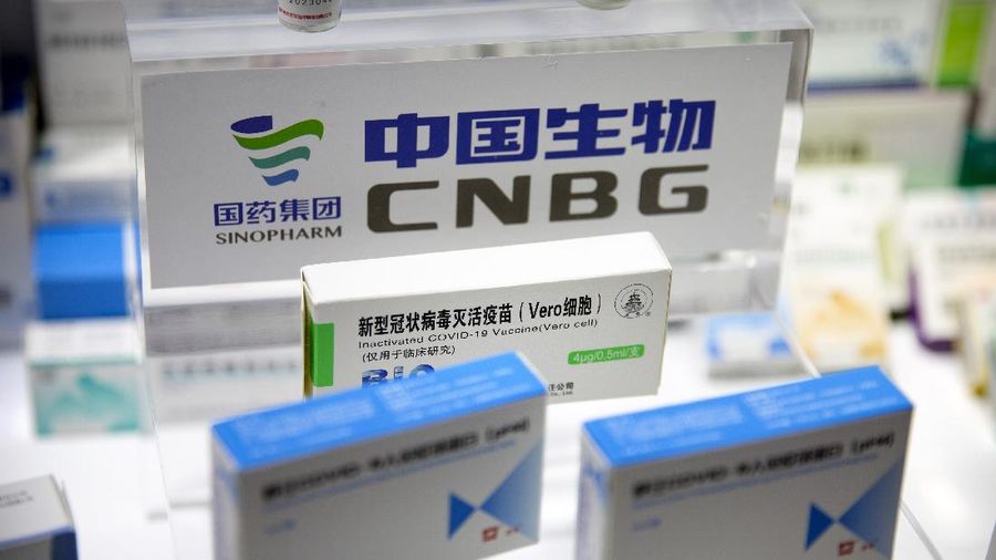 A box for a COVID-19 immunoglobin treatment is displayed at an exhibit by Chinese pharmaceutical firm Sinopharm at the China International Fair for Trade in Services (CIFTIS) in Beijing, Saturday, Sept. 5, 2020. With the COVID-19 pandemic largely under control, China's capital on Saturday kicked off one of the first large-scale public events since the start of the coronavirus outbreak, as tens of thousands of attendees were expected to visit displays from nearly 2,000 Chinese and foreign companies showcasing their products and services. (AP Photo/Mark Schiefelbein)