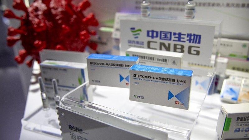 A box for a COVID-19 immunoglobin treatment is displayed at an exhibit by Chinese pharmaceutical firm Sinopharm at the China International Fair for Trade in Services (CIFTIS) in Beijing, Saturday, Sept. 5, 2020. With the COVID-19 pandemic largely under control, China's capital on Saturday kicked off one of the first large-scale public events since the start of the coronavirus outbreak, as tens of thousands of attendees were expected to visit displays from nearly 2,000 Chinese and foreign companies showcasing their products and services. (AP Photo/Mark Schiefelbein)