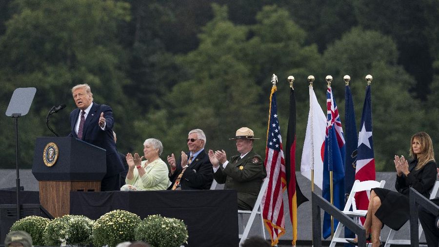 President Donald Trump speaks at a 19th anniversary observance of the Sept. 11 terror attacks, at the Flight 93 National Memorial in Shanksville, Pa., Friday, Sept. 11, 2020. (AP Photo/Alex Brandon)