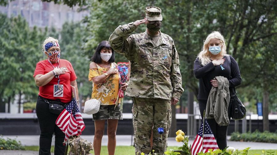 President Donald Trump speaks at a 19th anniversary observance of the Sept. 11 terror attacks, at the Flight 93 National Memorial in Shanksville, Pa., Friday, Sept. 11, 2020. (AP Photo/Alex Brandon)