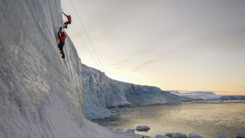 In this handout photo provided by British Antarctic Survey, field guide Andy Hood is seen at the Brunt ice shelf in Antarctica in January 2020. Antarctica remains the only continent without COVID-19 and now in Sept. 2020, as nearly 1,000 scientists and others who wintered over on the ice are seeing the sun for the first time in months, a global effort wants to make sure incoming colleagues don't bring the virus with them. (Robert Taylor/British Antarctic Survey via AP)