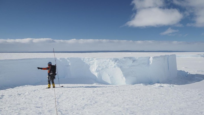 In this handout photo provided by British Antarctic Survey, field guide Andy Hood is seen at the Brunt ice shelf in Antarctica in January 2020. Antarctica remains the only continent without COVID-19 and now in Sept. 2020, as nearly 1,000 scientists and others who wintered over on the ice are seeing the sun for the first time in months, a global effort wants to make sure incoming colleagues don't bring the virus with them. (Robert Taylor/British Antarctic Survey via AP)
