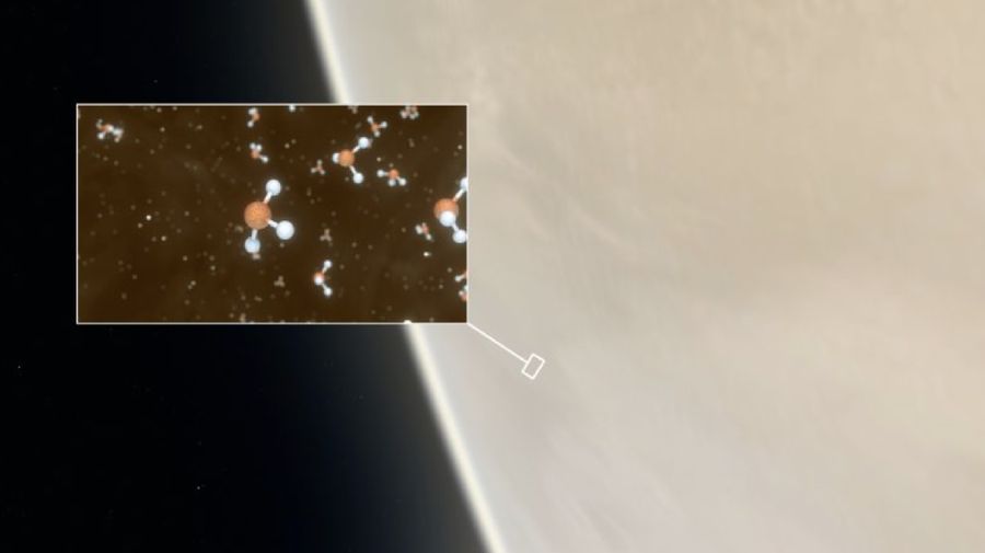 Ilustrasi artis yang menggambarkan molekul fosfin di atmosfer Venus. Di Bumi, dan sejauh yang diketahui para ilmuwan, fosfin hanya dapat diproduksi oleh mikroba atau buatan di laboratorium. Gambar melalui ESO / M.Kornmesser / L. Calçada / NASA / JPL-Caltech / Royal Astronomical Society / Atribusi: CC BY 4.0.