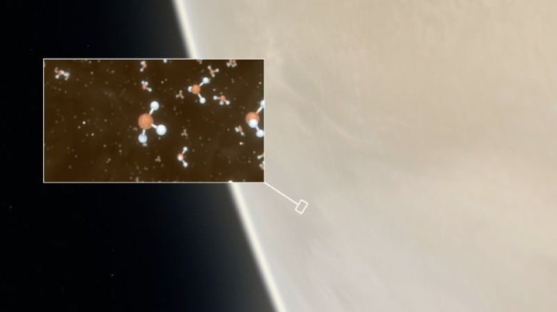 Ilustrasi artis yang menggambarkan molekul fosfin di atmosfer Venus. Di Bumi, dan sejauh yang diketahui para ilmuwan, fosfin hanya dapat diproduksi oleh mikroba atau buatan di laboratorium. Gambar melalui ESO / M.Kornmesser / L. Calçada / NASA / JPL-Caltech / Royal Astronomical Society / Atribusi: CC BY 4.0.