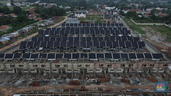 Foto udara pembangunan perumahan di kasawan bojong sari, Depok, Jawa Barat. (CNBC Indonesia/Andrean Kristianto)