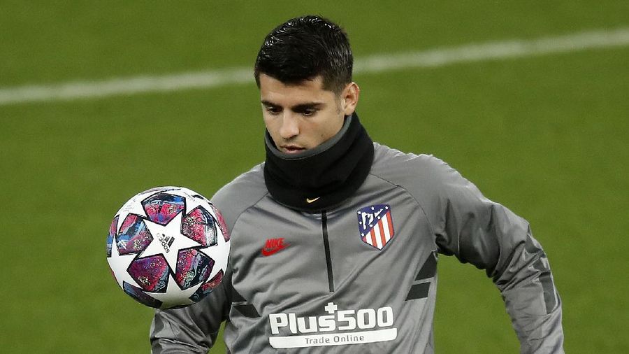 Atletico Madrid's Alvaro Morata during a practice session at Anfield, Liverpool, England, Tuesday March 10, 2020, ahead of their Champions League match against Liverpool on Wednesday. (Martin Rickett/PA via AP)