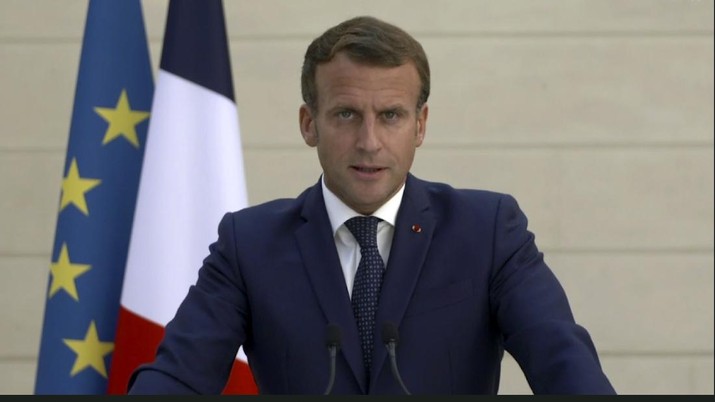 In this image made from UNTV video, French President Emmanuel Macron speaks in a pre-recorded message which was played during the 75th session of the United Nations General Assembly, Tuesday, Sept. 22, 2020, at UN headquarters. The U.N.'s first virtual meeting of world leaders started Tuesday with pre-recorded speeches from some of the planet's biggest powers, kept at home by the coronavirus pandemic that will likely be a dominant theme at their video gathering this year. (UNTV via AP)