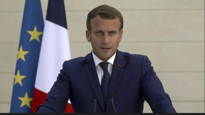 UN General Assembly In this image made from UNTV video, French President Emmanuel Macron speaks in a pre-recorded message which was played during the 75th session of the United Nations General Assembly, Tuesday, Sept. 22, 2020, at UN headquarters. The U.N.'s first virtual meeting of world leaders started Tuesday with pre-recorded speeches from some of the planet's biggest powers, kept at home by the coronavirus pandemic that will likely be a dominant theme at their video gathering this year. (UNTV via AP)