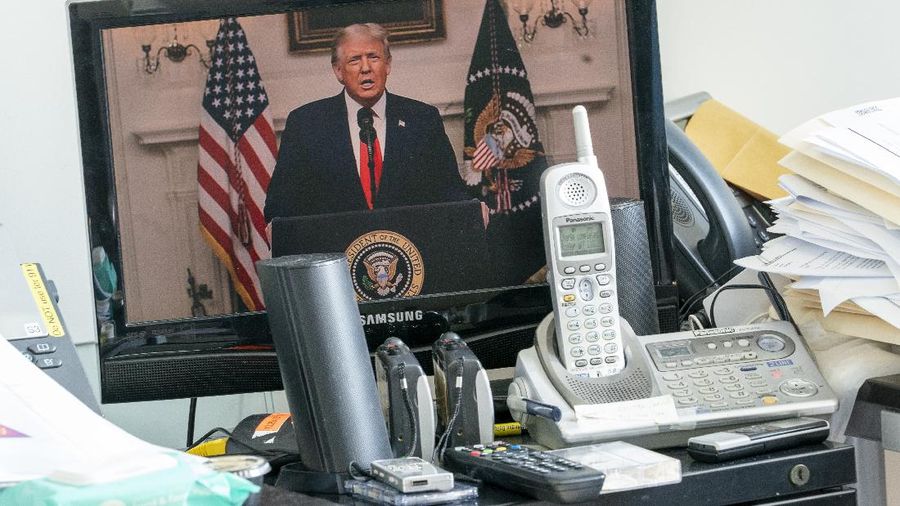 U.S President Donald Trump is seen on a video screen remotely addressing the 75th session of the United Nations General Assembly, Tuesday, Sept. 22, 2020, at U.N. headquarters. This year's annual gathering of world leaders at U.N. headquarters will be almost entirely 