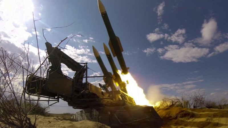 In this photo released on Sept. 22, 2020 by Russian Defense Ministry Press Service, a rocket launches from missile system at the Ashuluk military base in Southern Russia. Russian Air Defense systems successfully repelled aerial strike during joined military drills in the south of Russia. The drills, expected to be held in Black Sea and Caspian sea waters, will take place until September 26th. Belarus, Armenia, China, Pakistan and Myanmar take part in the exercises. (Andrey Rusov/Russian Defense Ministry Press Service via AP)