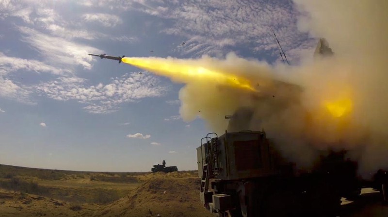 In this photo released on Sept. 22, 2020 by Russian Defense Ministry Press Service, a rocket launches from missile system at the Ashuluk military base in Southern Russia. Russian Air Defense systems successfully repelled aerial strike during joined military drills in the south of Russia. The drills, expected to be held in Black Sea and Caspian sea waters, will take place until September 26th. Belarus, Armenia, China, Pakistan and Myanmar take part in the exercises. (Andrey Rusov/Russian Defense Ministry Press Service via AP)