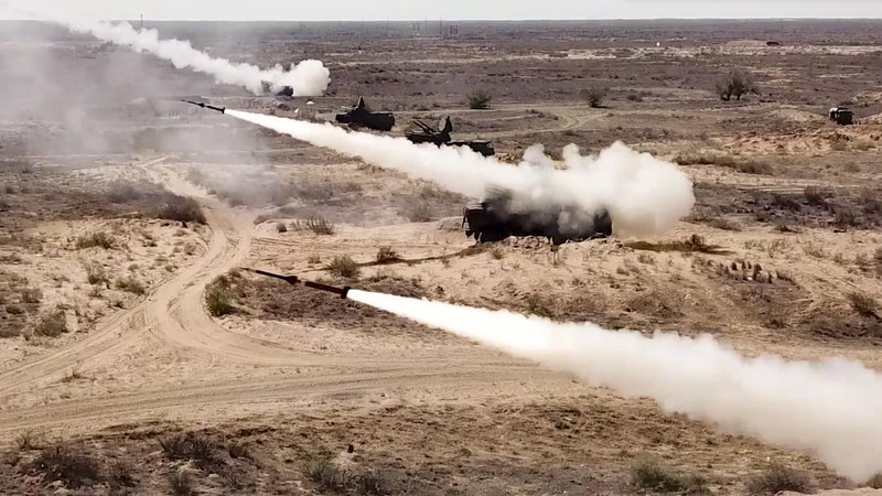 In this photo released on Sept. 22, 2020 by Russian Defense Ministry Press Service, a rocket launches from missile system at the Ashuluk military base in Southern Russia. Russian Air Defense systems successfully repelled aerial strike during joined military drills in the south of Russia. The drills, expected to be held in Black Sea and Caspian sea waters, will take place until September 26th. Belarus, Armenia, China, Pakistan and Myanmar take part in the exercises. (Andrey Rusov/Russian Defense Ministry Press Service via AP)
