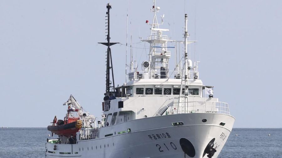 A South Korea's government ship for a fishery guidance, is seen near Yeonpyeong island, South Korea, Thursday, Sept. 24, 2020. According to Seoul, a man disappeared from the government ship that was checking on potential unauthorized fishing in an area south of the boundary on Monday, a day before he was found in North Korean waters. (Choi Jin-suk/Newsis via AP)