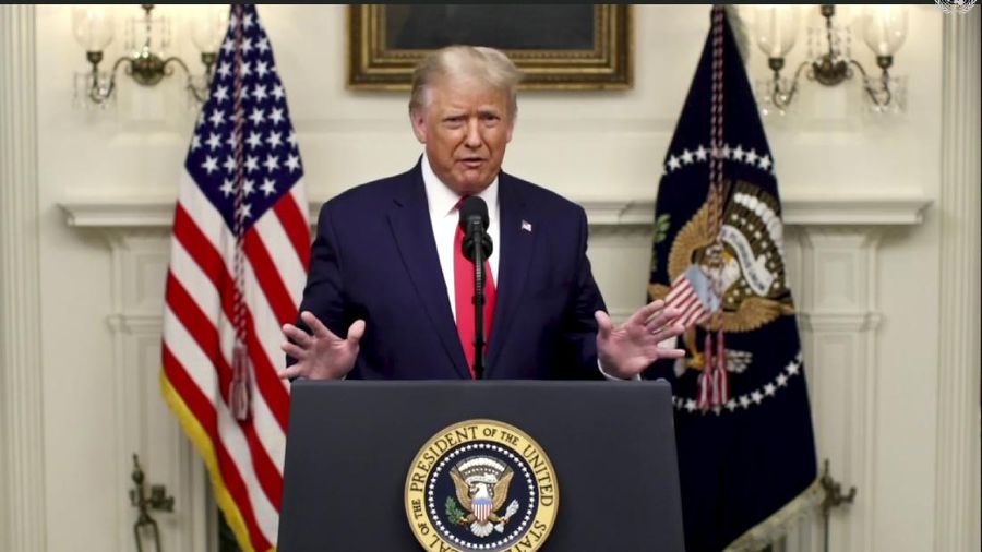 In this image made from UNTV video, U.S. President Donald Trump speaks in a pre-recorded message which was played during the 75th session of the United Nations General Assembly, Tuesday, Sept. 22, 2020, at the United Nations headquarters in New York. The U.N.'s first virtual meeting of world leaders started Tuesday with pre-recorded speeches from some of the planet's biggest powers, kept at home by the coronavirus pandemic that will likely be a dominant theme at their video gathering this year. (UNTV via AP)